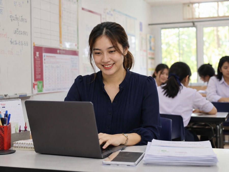 คุณครูสรุปงานและออกรายงานบนแล็ปท็อปก่อนกลับบ้าน